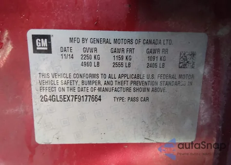 2015 Buick Regal Turbo z USA, uszkodzony, nr VIN 2G4GL5EX7F9177664